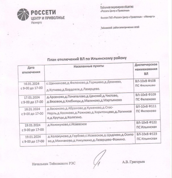 План отключений ВЛ по Ильинскому району.